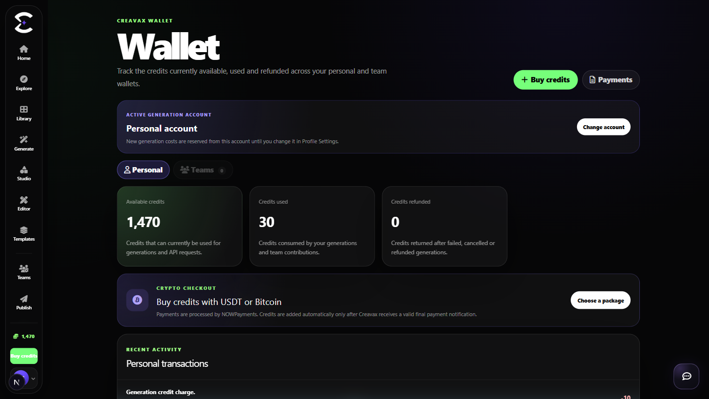 Creavax billing workspace with personal balance, team wallet and credit usage
