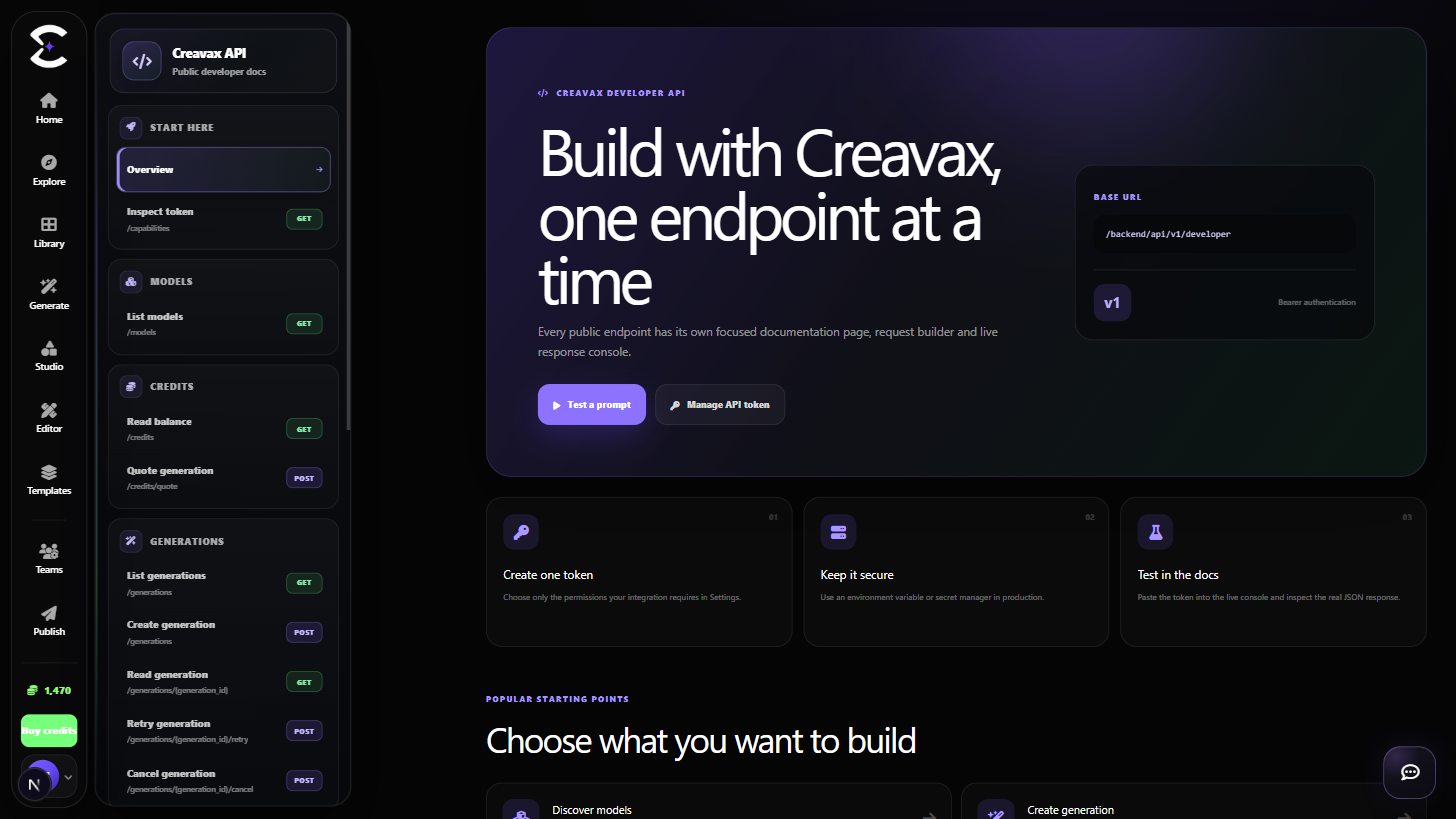 Creavax Developer API workspace with token, request, queue and webhook controls
