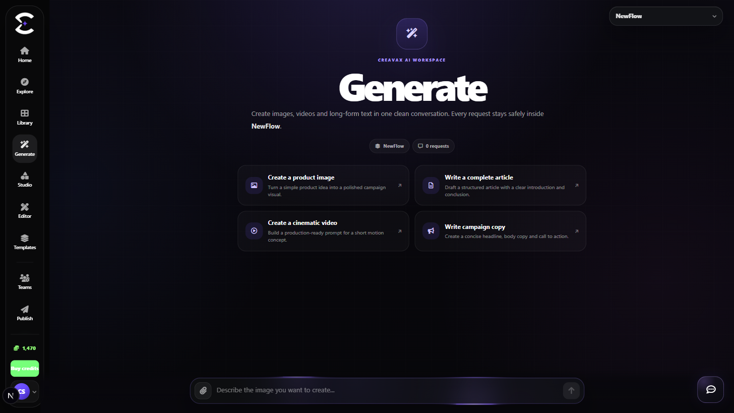 Creavax getting started workflow from Generate to Library and editing tools