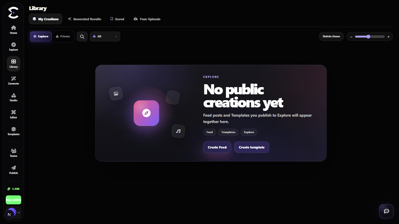 Creavax Library with creation, generation, saved and upload collections