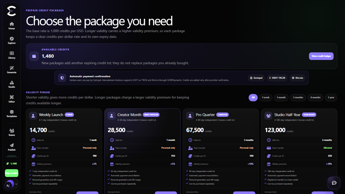 Creavax Plans with prepaid credit packages and wallet information