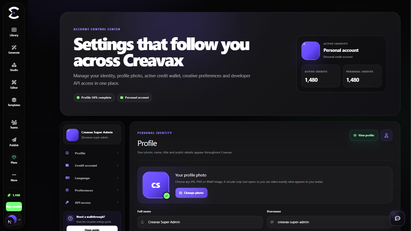 Creavax Settings with profile, billing account and API token panels