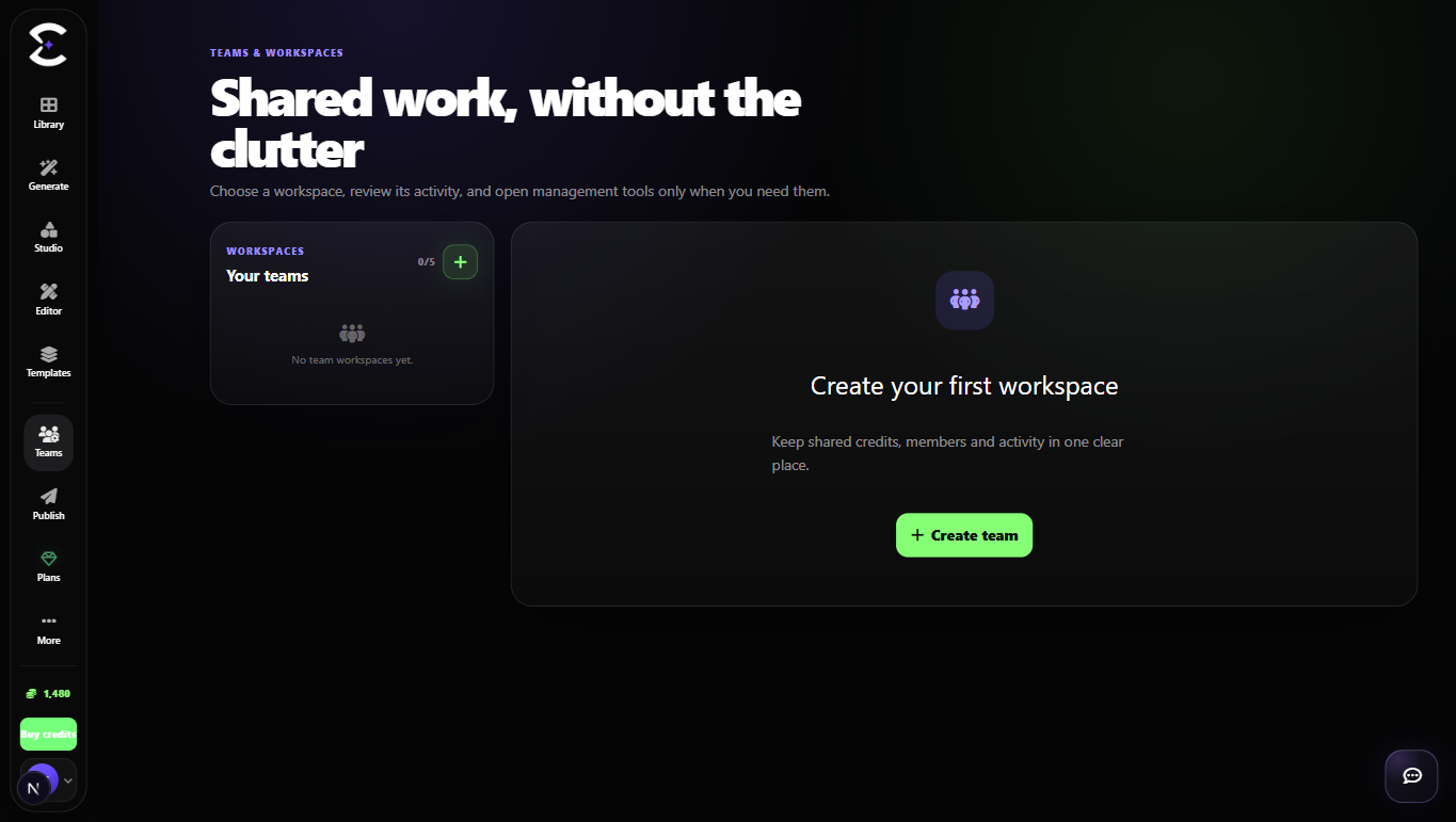 Creavax Teams workspace with members, invitations and shared credits