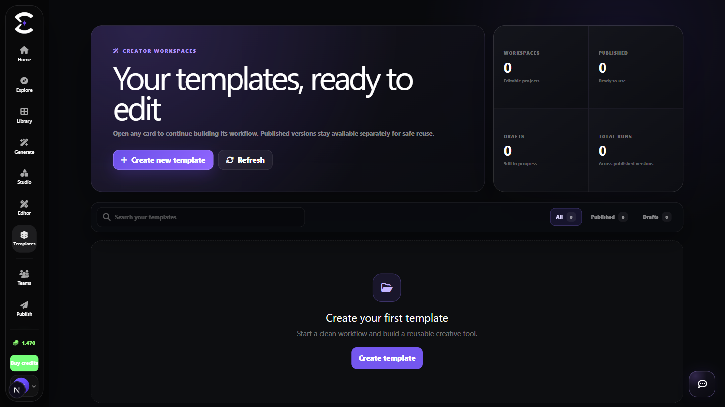 Creavax Templates workspace with reusable workflows and Template Builder projects